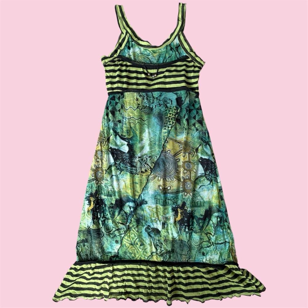 Euro Mado et les autres green and black abstract graphic print mesh dress